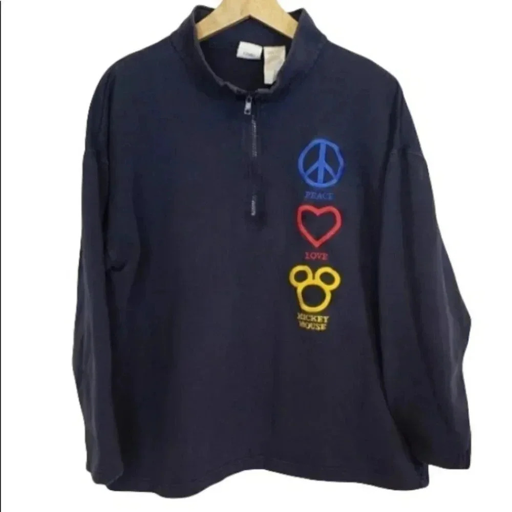 Disney‎ Quarter Zip Sweatshirt L Navy Blue Peace Love Mickey Mouse Graphic